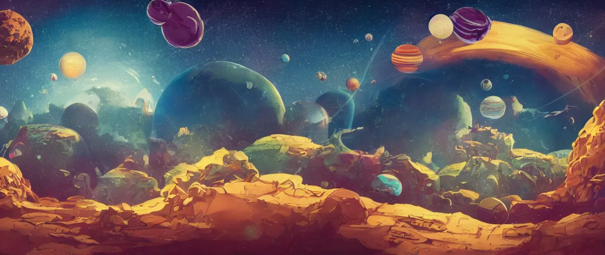 Image similar to a crumbling island floating in space, debris, surrounded by planets and stars, vintage disney style, detailed, depth of field