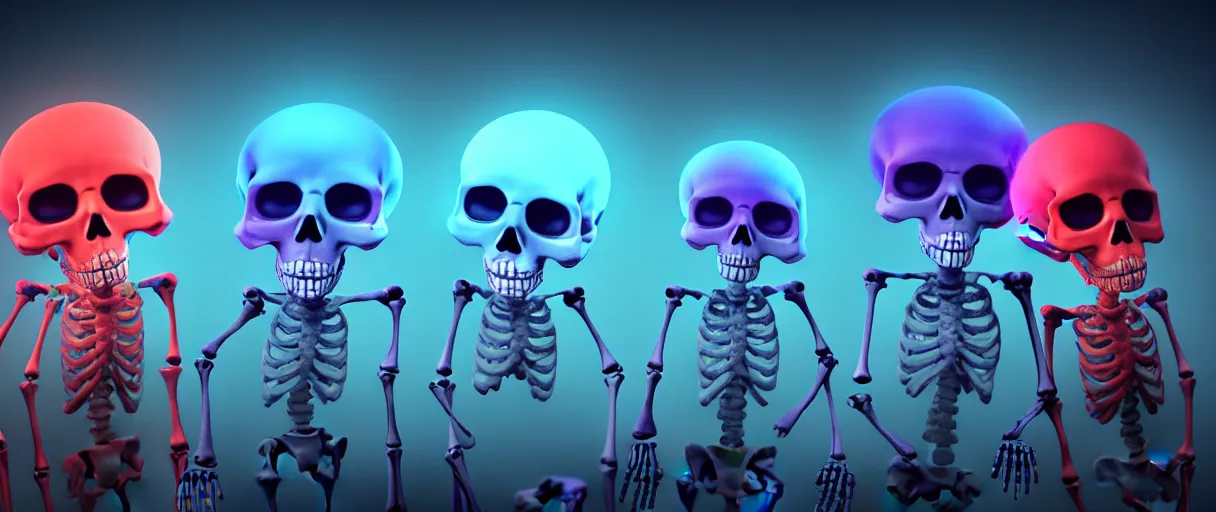 Image similar to hyperrealistic very cute multicolored skeletons breaking bones jason limon concept art dramatic blue lighting wide angle hd 8k sharp shallow depth of field