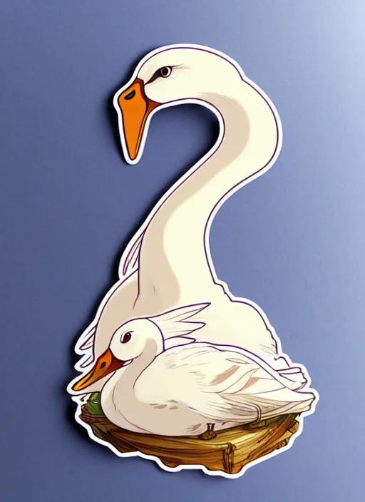 Image similar to cute goose sticker design, natural lighting, path traced, highly detailed, high quality, digital painting, by don bluth and ross tran and studio ghibli and alphonse mucha, artgerm