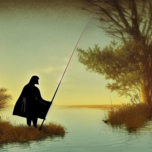 Prompt: Darth Vader fishing for a crucian carp with floater on a pond surrounded with burches, on sunset, realistic photo,