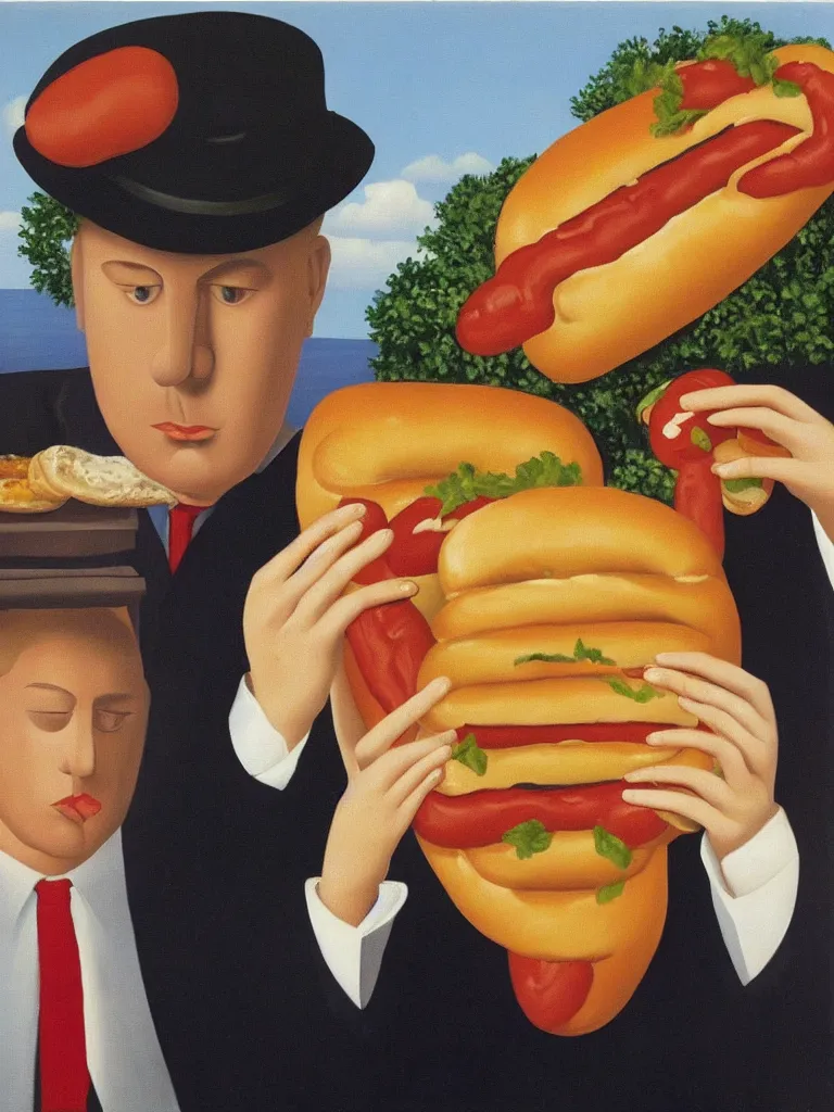 Image similar to Rene Magritte's Son Of Man painting with a hotdog blocking the face, but the man is a large hotdog in a suit and the hotdog has a man's face on it