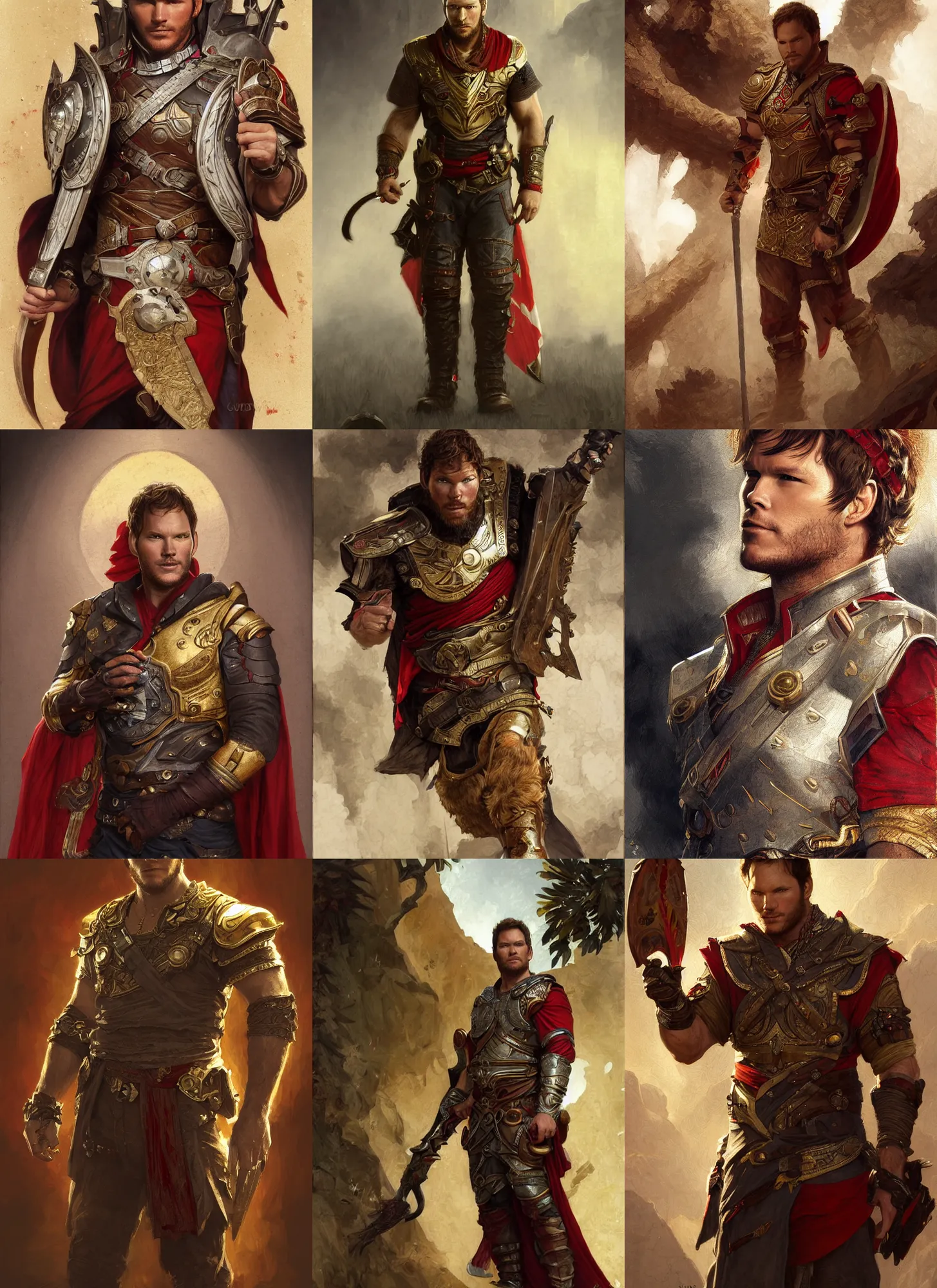 Prompt: chris pratt ancient corsican, long beard, golden chestplate, black red white clothes, intricate, highly detailed, artstation, sharp focus, illustration, jurgens, aleksi briclot, rutkowski, bouguereau, mucha