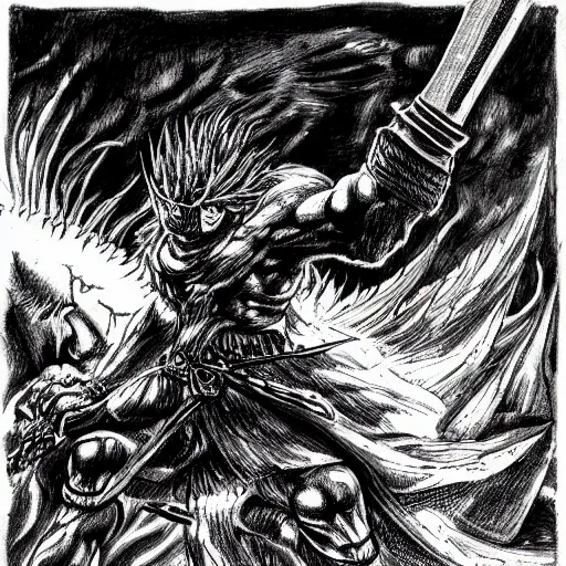 Prompt: A very detailed sketch of a wounded warrior with a sword fighting a plethora of monsters and demons, black and white, sun eclipse, focus on the sky, Kentaro Miura style, high-detailed
