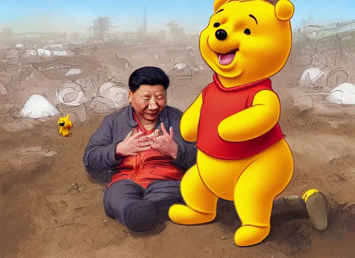 Image similar to portrait of Xi Jinping wearing a Winnie the Pooh onesie in a trashy Chinese dirt poor landfill, hungry, beta weak male, digital painting, concept art, smooth, sharp focus, illustration, from Slumdog Millionaire, by Ruan Jia and Mandy Jurgens and William-Adolphe Bouguereau, Artgerm