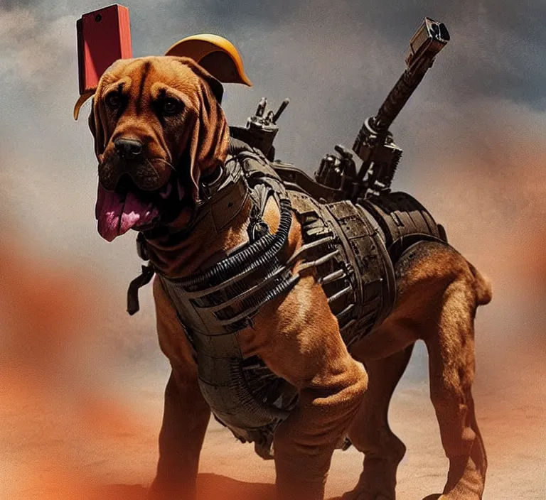 Image similar to a good ol'floppy - eared bloodhound pup fursona ( from the furry fandom ), heavily armed and armored facing down armageddon in a dark and gritty version from the makers of mad max : fury road. witness me.