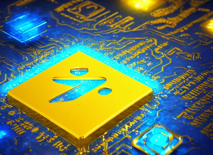 Prompt: ad for a flat square magic golden computer chip with runes and a glowing blue crystal in the center, mana flowing around it, product photo, dynamic composition, hyperrealism, octane render, fluid simulation, trending on artstation, unreal engine 5, 4 k, 8 k