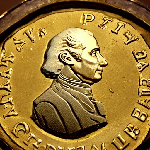 Image similar to a closeup photorealistic photograph of a happy George Washington inspecting small gold Doubloon coins at his home on Cherry Street. This 4K HD image is Trending on Artstation, featured on Behance, well-rendered, extra crisp, features intricate detail and the style of Unreal Engine.