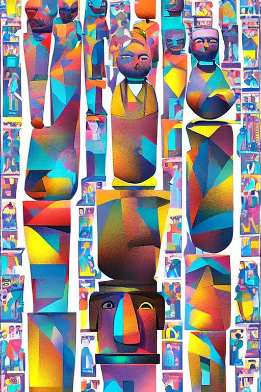 Image similar to cubist moai statue cutout digital illustration cartoon colorful beeple