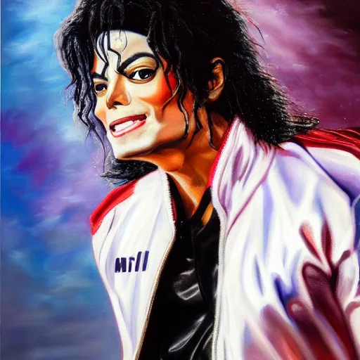 Image similar to an oil painting of a michael jackson wearing a old school highschool hiphop jacket, by artgerm, hd, hdr, ue 5, ue 6, unreal engine 5, realistic anime 3 d style, cinematic 4 k wallpaper, 8 k, ultra detailed, gta cover art, high resolution, artstation, award winning