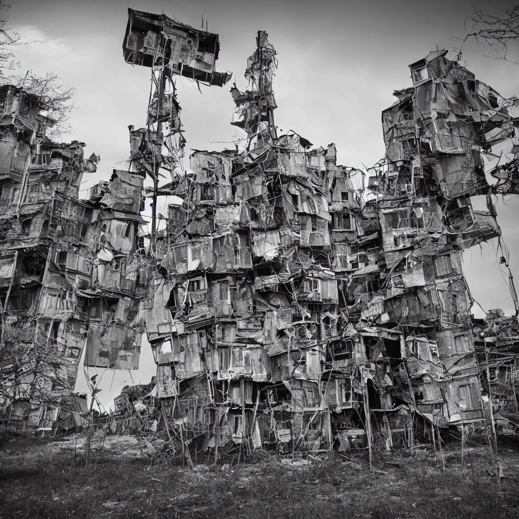 Image similar to a tower made up of makeshift squatter shacks, dystopia, sony a 7 r 3, f 1 1, fully frontal view, photographed by richard avedon, ultra detailed,