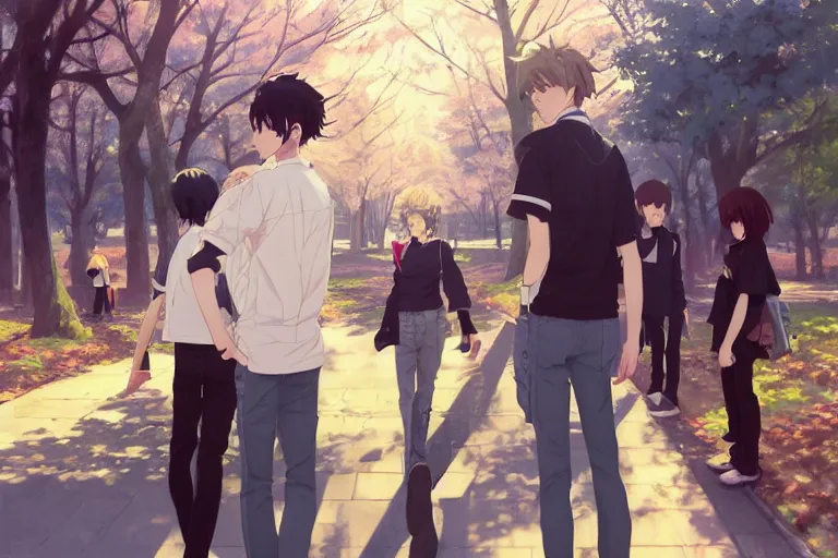 Image similar to boy's love anime high school scene spring setting, noon time, high detail concept art, perfect proportions tall handsome young men, realistic shaded lighting poster ilya kuvshinov, katsuhiro, jeremy lipkin and michael germash, makoto shinkai, loish and clamp style, trending on art station, best selling artist