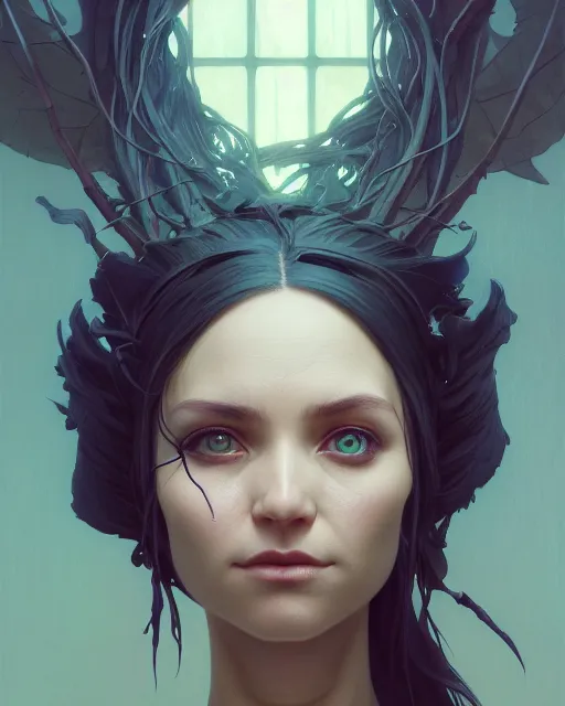 Image similar to highly detailed vfx portrait of a witch, unreal engine, greg rutkowski, loish, rhads, beeple, makoto shinkai and lois van baarle, ilya kuvshinov, rossdraws, tom bagshaw, alphonse mucha, global illumination, detailed and intricate environment