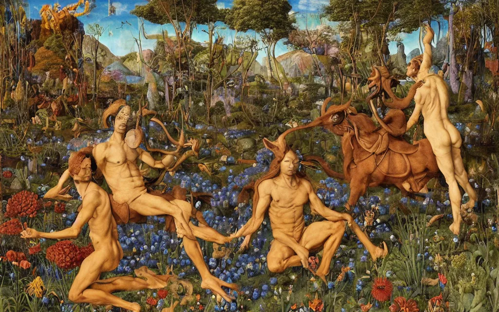 Image similar to a portrait photograph of a meditating satyr and a centaur monk riding a rocket machine and hunting at a river delta. surrounded by bulbous flowers and trees. mountain range under a blue sky of fiery stars. by jan van eyck, max ernst, ernst haeckel, ernst fuchs and artgerm, cgsociety, fashion editorial, 8 k