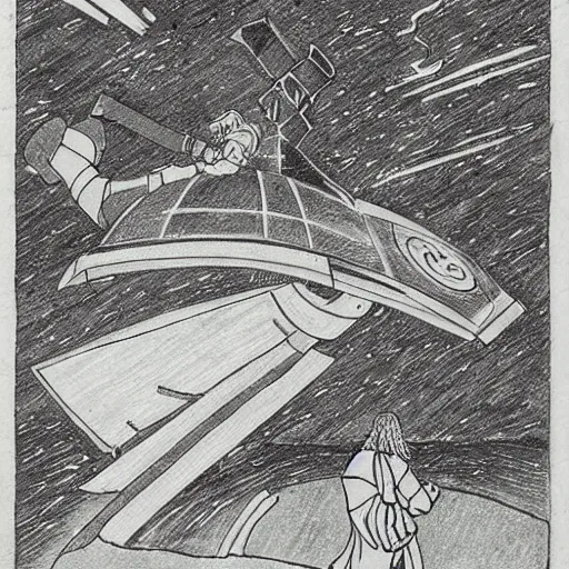 Image similar to Thor in a spaceship, ancient Japan drawing