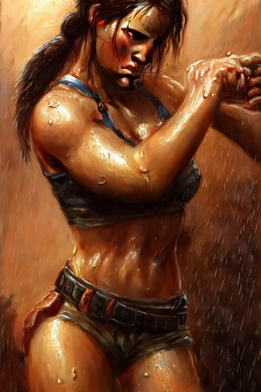 Image similar to muscular sweat and wet, lara croft, exhausted face close up, rain background, highly detailed painting by gaston bussiere, craig mullins, j. c. leyendecker 8 k