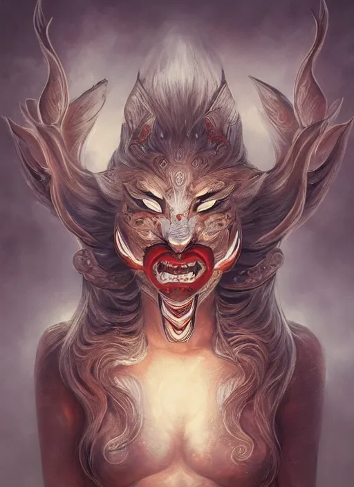 Image similar to a beautiful detailed oil on copper art illustration of a japanese oni kitsune mask devil woman, the mask is broken, centered, by charlie bowater, zeng fanzh, trending on artstation, dim dusk lighting, cinematic lighting, detailed lighting, volumetric lighting, realistic, f 8, 4 k hd wallpaper