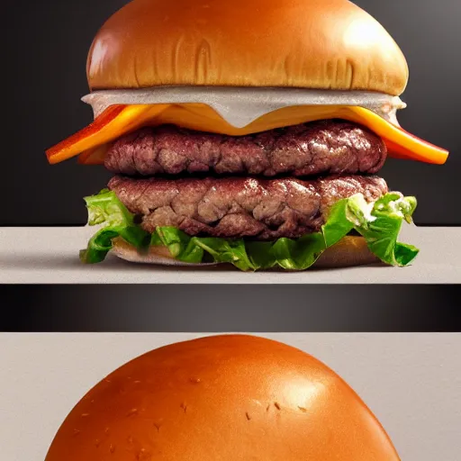 Image similar to delicious jumbo burgers, realistic, 8 k, extremely detailed, cgi, trending on artstation, hyper - realistic render, by greg rutkowski