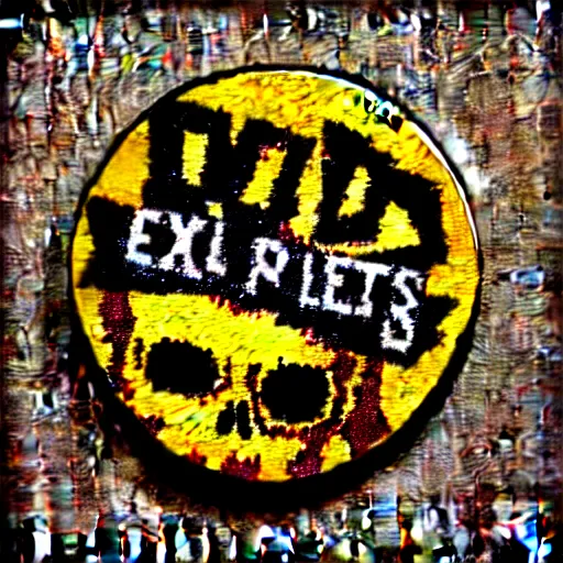 Image similar to painting on a badge!!!!, punks not dead!!!!, exploited!!, clash, junk yard, rats!!, god save the queen!!!, punk rock album cover art style, grunge, no future!!!!, glitch effect