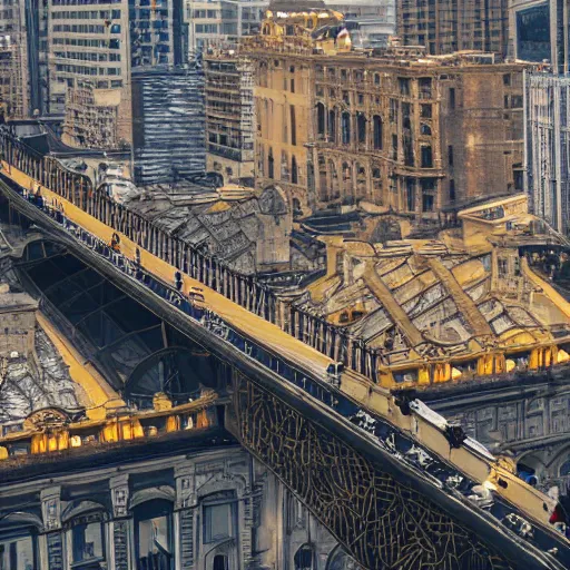 Image similar to gold encrusted buildings, sitting on clouds, with bridges connecting them, and people walking on the bridges, in the daytime