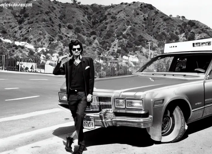 Prompt: a cool handsome photomodel lening against a limousine on hollywood boulevard in the 8 0's. hollywood sign in the background