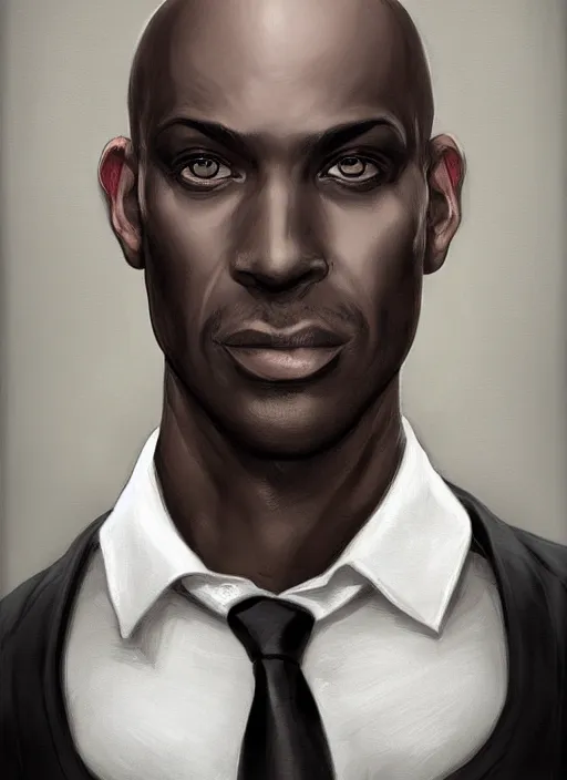 Prompt: portrait of handsome bald african american male, wearing a simple black vest and white shirt, centered, digital painting, artstation, concept art, smooth, sharp focus, illustration, art by artgerm and donato giancola and leyendecker