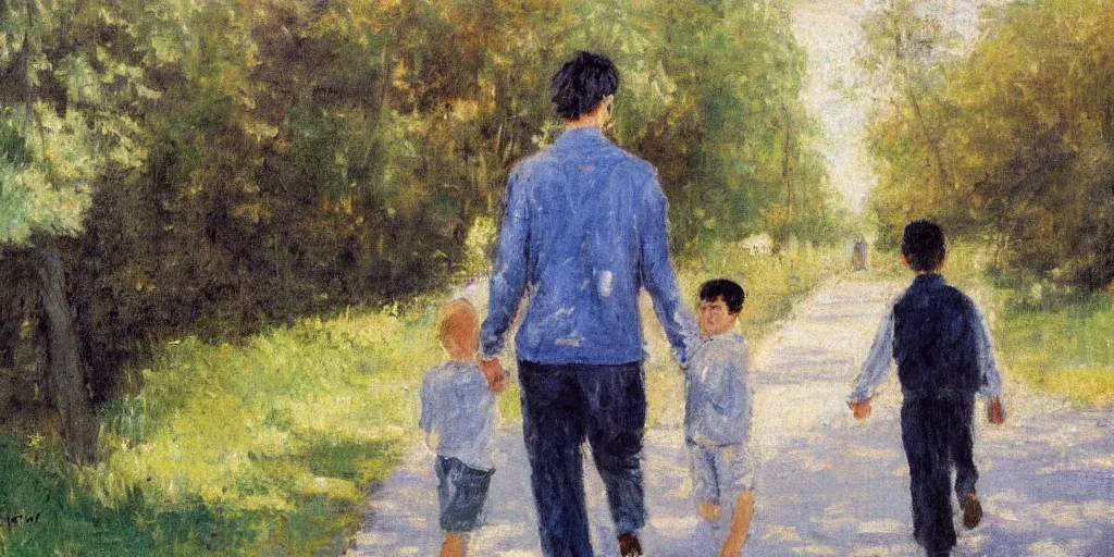 Prompt: a man with dark hair holding the hands of a young boy with dark hair as they walk down a suburban highway on a bright beautiful day. in the style of an impressionist painting.