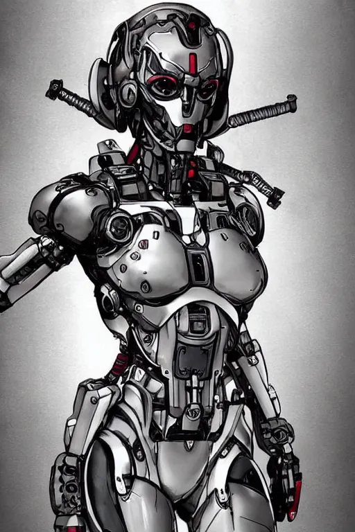 Image similar to full body illustration!! a female cyborg with hollow skull eyes, very symmetrical face!! highly detailed, by yoji shinkawa, by kenny carmody, by ryouta otsuka, by hideyuki ashizawa, by marc nagel, by arknect metal gear solid, transformers cinematic universe, deviantart, artstation, pinterest, unreal engine