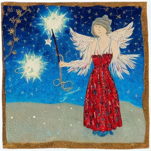 Prompt: The collage features a woman with wings made of stars, surrounded by a blue and white night sky. The woman is holding a staff in one hand, and a star in the other. She is wearing a billowing white dress, and her hair is blowing in the wind. leather, kokedama by Mark Briscoe terrifying