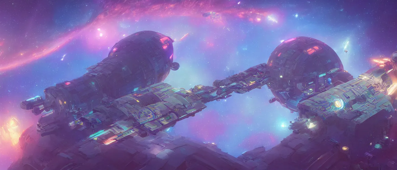 Image similar to orbital space station on a colorful nebulea, unreal engine, fantasy art by greg, loish, rhads, ferdinand knab, makoto shinkai, lois van baarle, ilya kuvshinov, rossdraws, tom bagshaw, global illumination, radiant light, highly detailed intricate environment, isometric, onstudio ghibli, octane render, 8 k