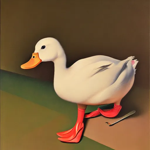 Prompt: a duck on the prowl oil painting john currin