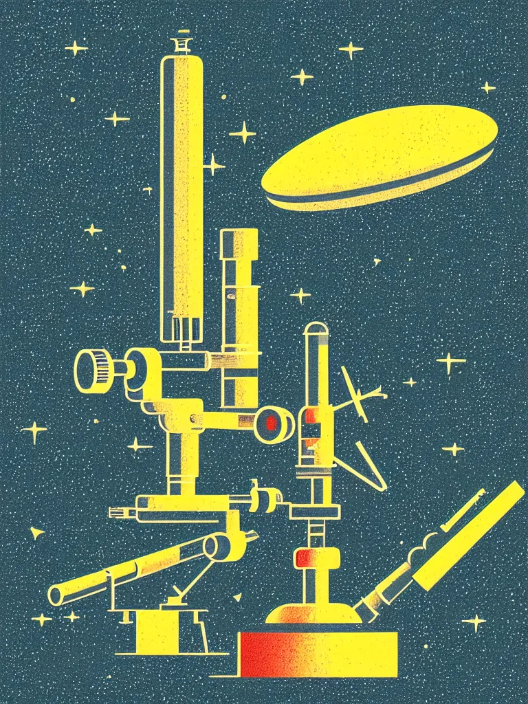 Image similar to editorial illustration scientific lab test tube telescope microscope spaceship, fine texture, dynamic composition, detailed, matte print, dynamic perspective, halftone texture, colorful modern, mads berg