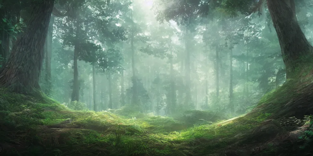 Prompt: a forest, cinematic angle, studio Ghibli, volumetric lighting, breathtaking, beautiful composition, elegant, digital art, detailed, oil painting, hyperrealistic, sharp focus, 8k