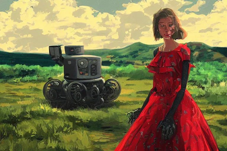 Prompt: Elizabeth and her robot. Beautiful landscape. Rough strokes and grainy. Interesting colour scheme. Detailed. Beautiful digital art by artist Lurid. (2022)