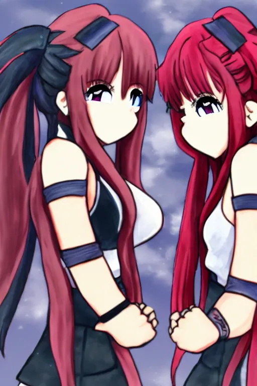 Prompt: two beautiful female fighters with twin tails facing each other, detailed anime art