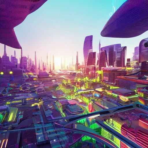 Image similar to photo of a futuristic city in a bright colorful future made of natural materials. Very detailed 8k. Unreal engine 5 render with nanite, global illustration and path tracing. Volumetric lighting. Cinematic post processing.