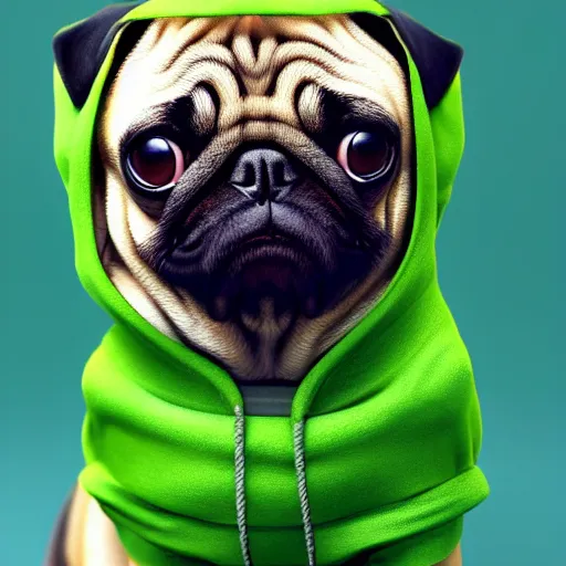 Image similar to a Pug wearing a green hoodie sitting on a couch, photo realistic, trending on artstation, HDR, nicely detailed, 8k