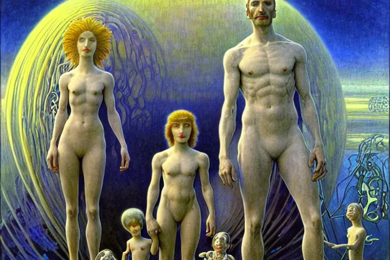 Prompt: realistic extremely detailed portrait painting family photo, futuristic sci-fi landscape with a statue on background by Jean Delville, Amano, Yves Tanguy, Alphonse Mucha, Ernst Haeckel, Edward Robert Hughes, Roger Dean, rich moody colours, silver hair and beard, blue eyes