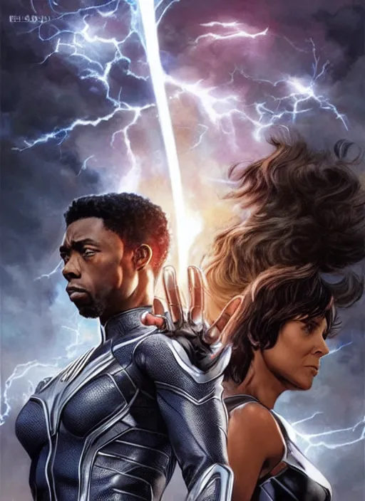 Image similar to chadwick boseman black banther and halle berry as the character strom from x - men, white hair, lightning beings, epic splash cover art,, by artgerm, greg rutkowski, james gurney, alex ross