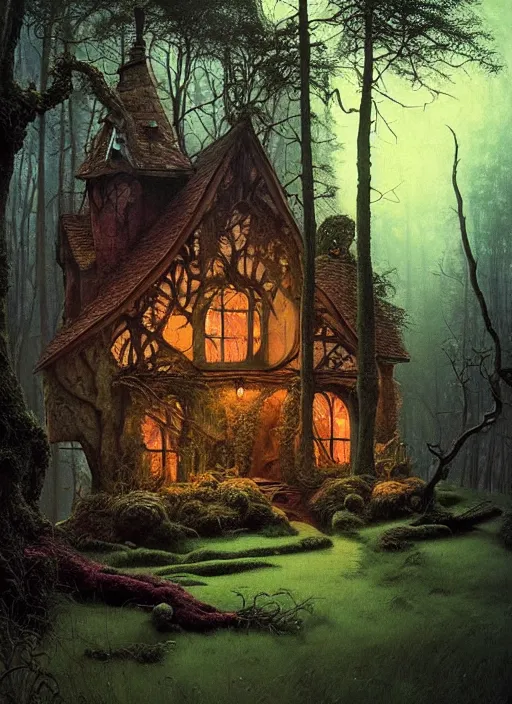 Image similar to hyper realistic witch cottage rococo in the woods gorgeous lighting, highly detailed, lush forest painting by zdzisław beksinski and norman rockwell and greg rutkowskiweta studio, and lucasfilm