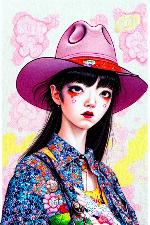 Image similar to girl wearing cowboy hat, style of yoshii chie and hikari shimoda and martine johanna, highly detailed