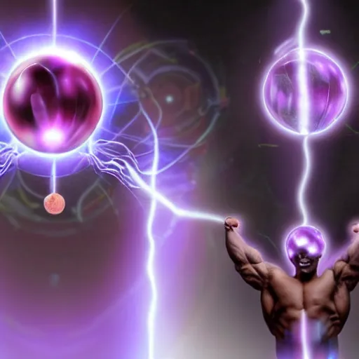 Image similar to a muscular man made of purple energy, wielding two orbs in his hands that are able to manipulate the force of electromagnetism in order to cause chemical changes inside of the orbs.