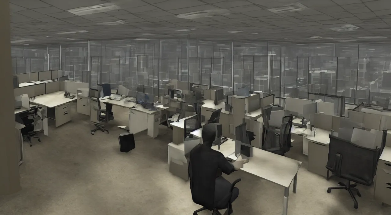 Image similar to A man in the office at 3AM with multiple cubicles and a window that provides a view of the city, Source Engine, Gmod, Half Life 2