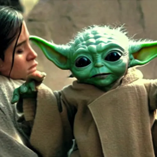 Image similar to a film still of baby yoda's son being trained by rey skywalker in star wars realistic, detailed