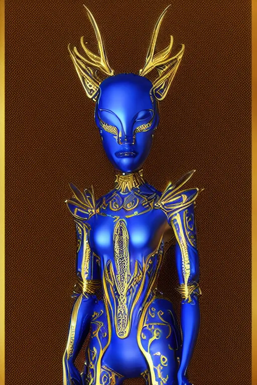 Image similar to full body portrait of a symmetric hyper realistic elegant alien, blue metallic skin, jewelry intricate details, unreal engine5, octane, with gold filigree mask and body armor