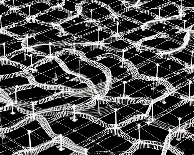 Image similar to black and white connected ecovillage houses - plant goddess high quality photo, microchip, artificial intelligence, bio - mechanical bio - luminescence, black wired cables, neurons, nerve cells, cinematic, rim light, photo - realistic, elegant, high detail, 8 k, masterpiece, high fashion, in the style of man ray