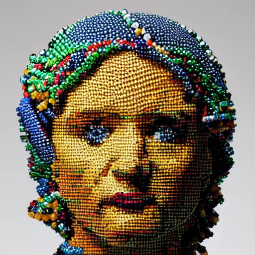 Prompt: A bust of an eccentric pop star made of beads and yarn studio lighting