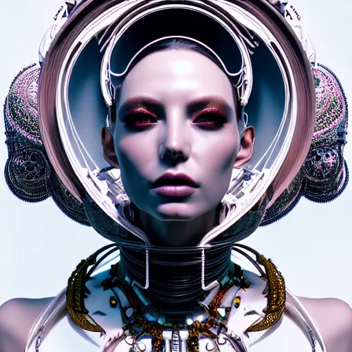 Image similar to portrait of an absurdly beautiful, graceful, sophisticated, fashionable cyberpunk mechanoid, hyperdetailed illustration by irakli nadar and alexandre ferra, intricate linework, white porcelain skin, faberge, coral headdress, unreal engine 5 highly rendered, global illumination, radiant light, detailed and intricate environment