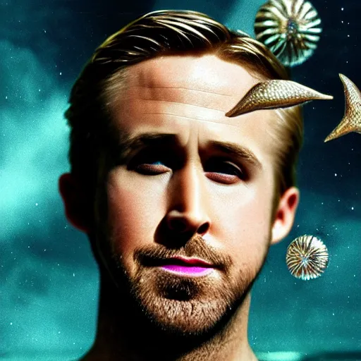 Prompt: ryan gosling portrait, fantasy, mermaid, hyperrealistic, game character, underwater, highly detailed, sharp focus, cinematic lighting, pearls, glowing hair, shells, gills, crown, water, highlights, starfish, jewelry, realistic, digital art, pastel, magic, fiction, ocean, king, colorful hair, sparkly eyes, fish, heroic, god, waves, bubbles