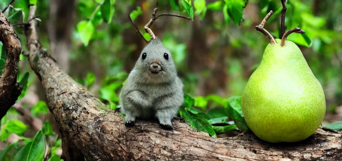 Image similar to a cute green pear animal walking in front of a forest, and looking at the camera; pear skin; nature photography