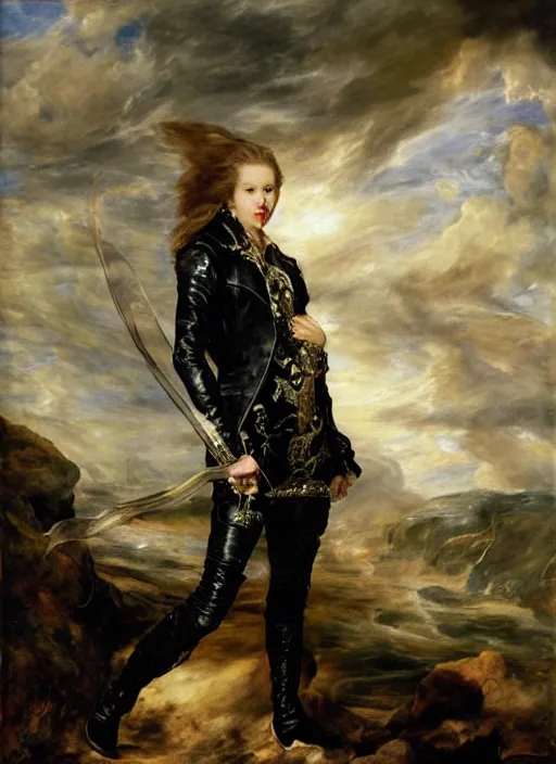 Image similar to , , rachel maddow dressed as black Canary,, Dramatic, Edge, Good, Infused, Backlight, De-Noise, VFX, insanely detailed and intricate, hypermaximalist, facial ,elegant, ornate, hyper realistic, super detailed, by Anthony Van Dyck, by Ivan Shishkin, by John Constable